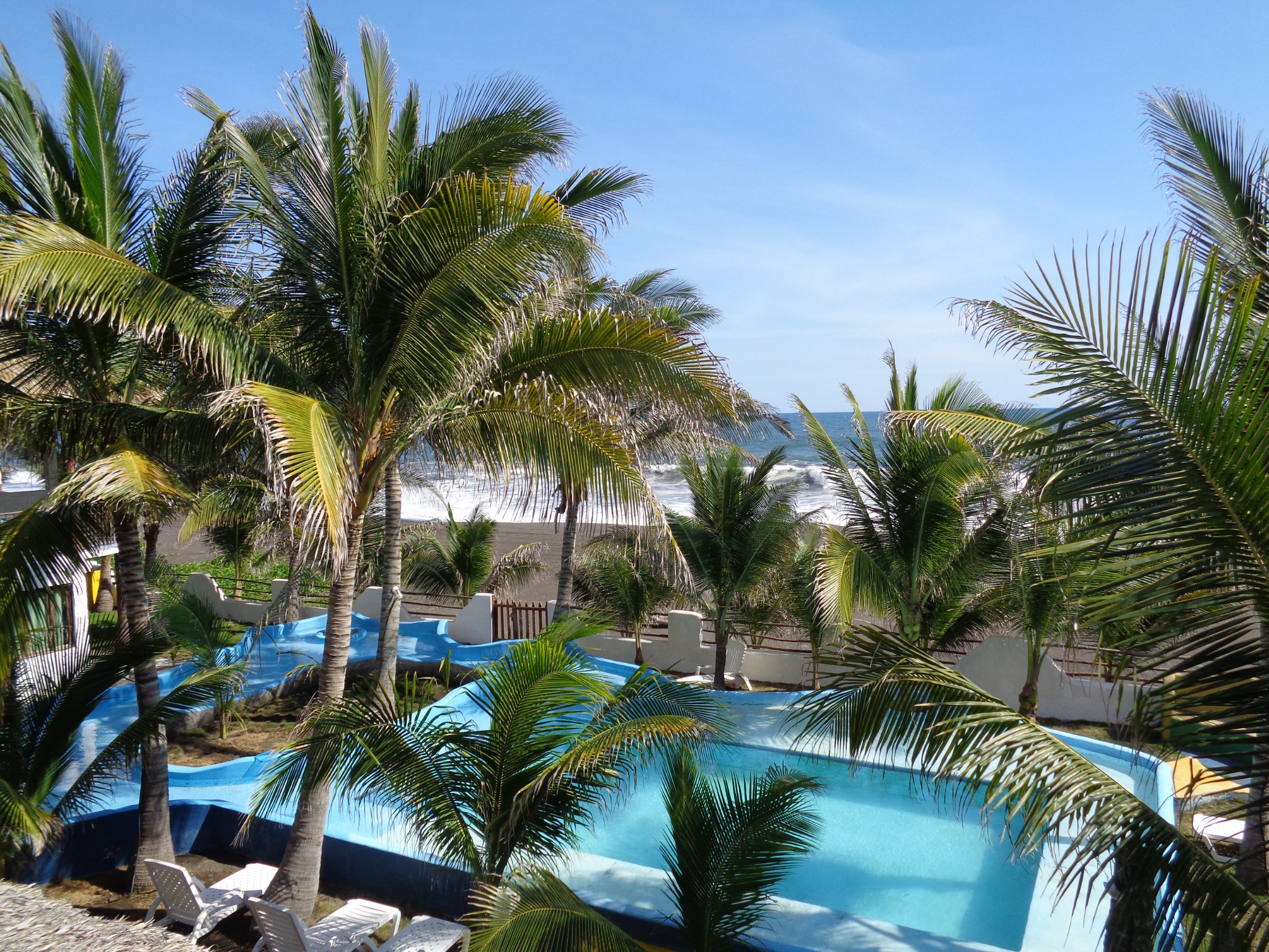 Piscina rodeada de palmeras con vista al océano